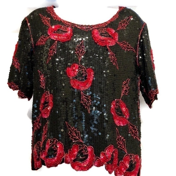 Royal Feelings Tops - Royal Feelings Vintage Sequin Beaded Short Sleeve Top Size Medium
